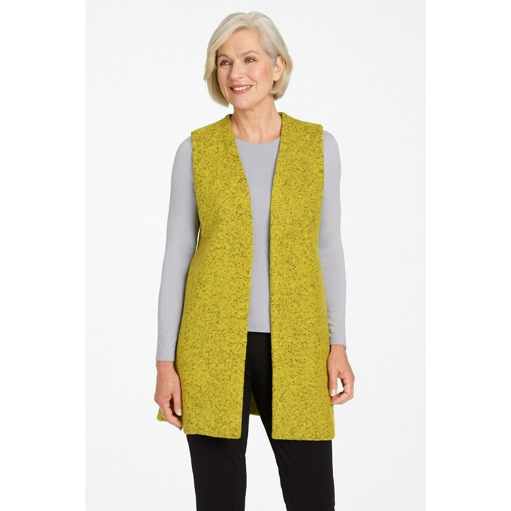 Chalet Women's Open Front Vest Size L Lime Textured Wool Blend Longline Sleevele